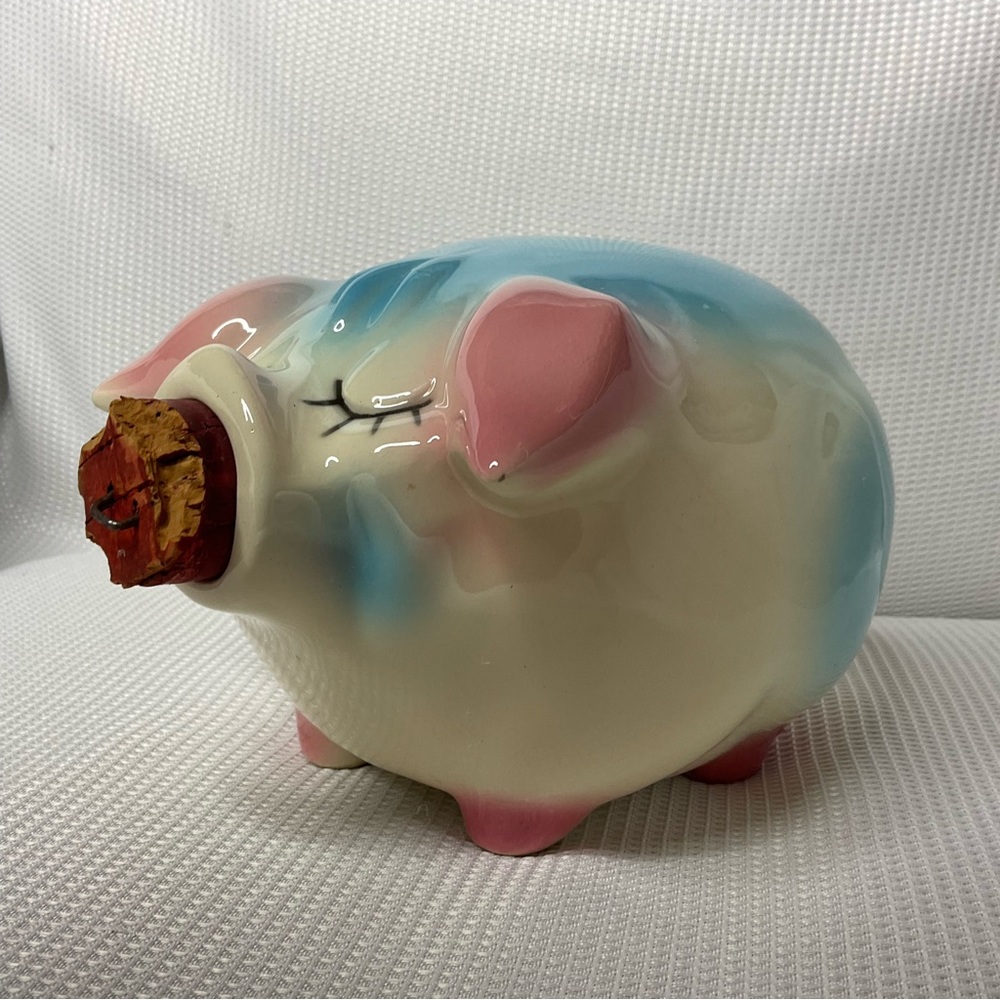 Vintage 1957 Hull Pottery Corky Pig Blue Pink
Ceramic Piggy Bank Cork Nose Plug